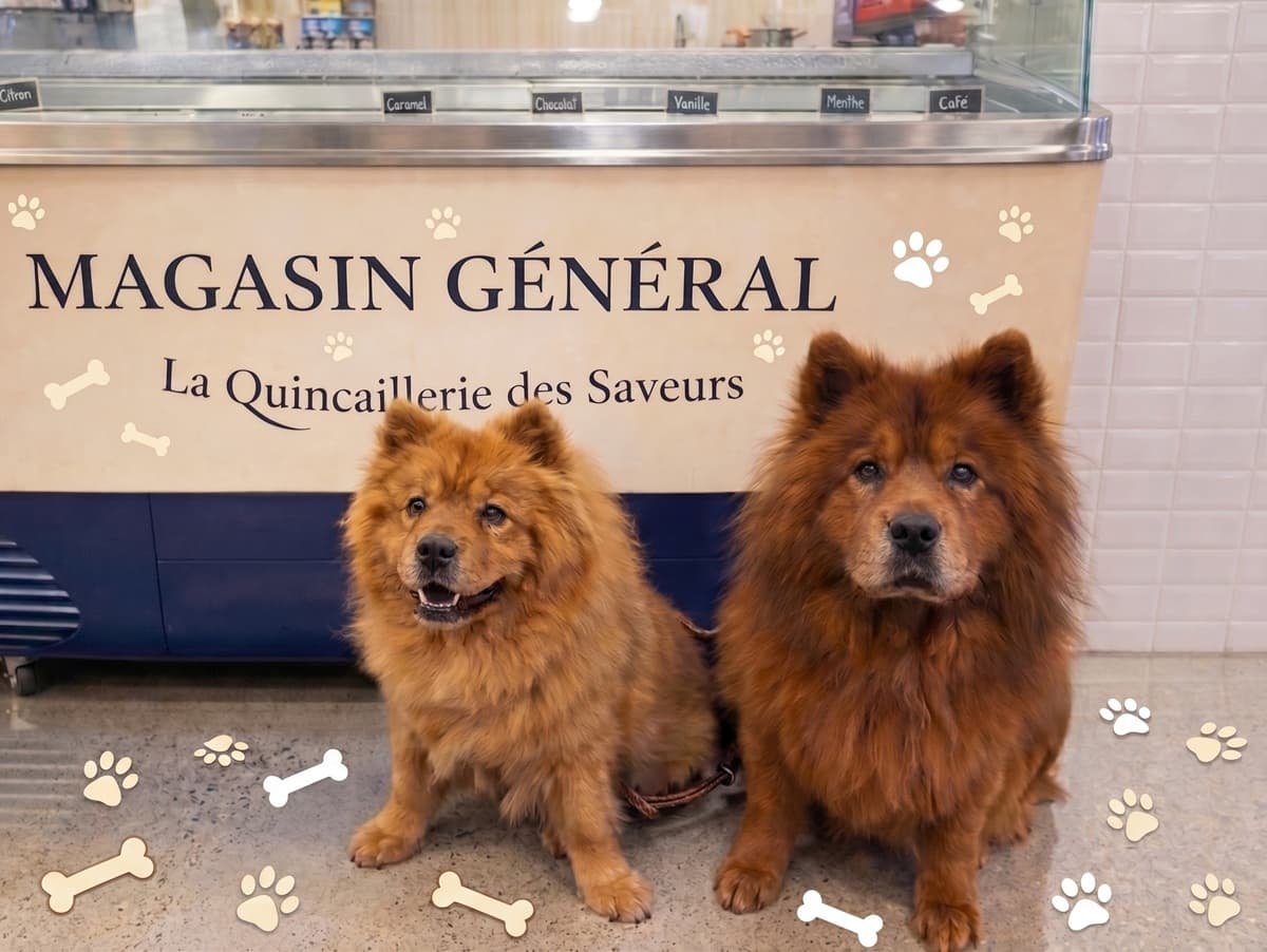 Two adorable fluffy dogs posing in front of the Magasin Général counter for Mascott Mondays.